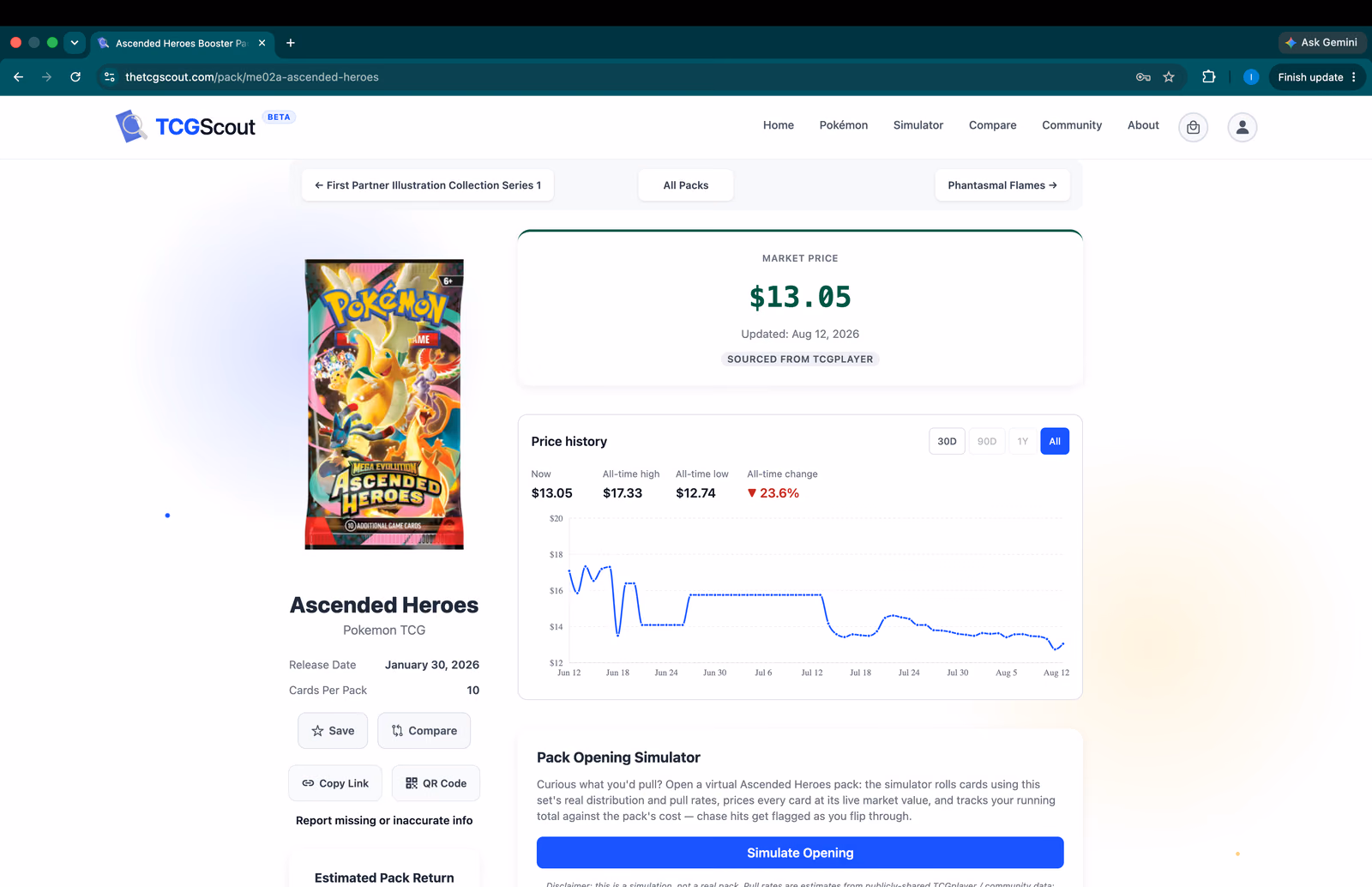 TCGScout pack subpage screenshot